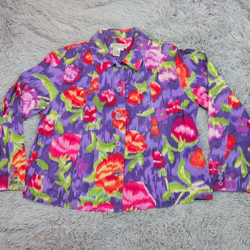 Coldwater Creek Jacket Womens L Purple Floral Button‎ Up Career Casual Pockets